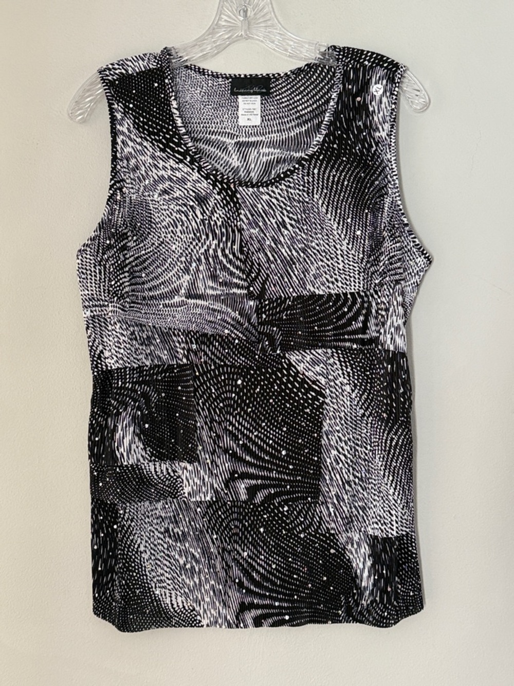 Brittany Black Abstract Print Tank Top Size XL Black & White with Rhinestones